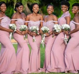 Pink Bridesmaid Dresses Elegant Mermaid Off the Shoulder Straps Lace Applique Country Wedding Bridal Gown Plus Size Custom Made Vestido