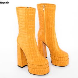 Rontic Women Spring Ankle Boots Waterproof Stone Pattern Chunky Heels Round Toe Pretty Yellow White Party Shoes US Size 4-10.5