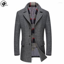 Men's Wool & Blends Little Rain Men Coat Stylish Detachable Scarf Jackets Blend Business Jacket Slim Single Breasted Comfot PeaCoat Viol22