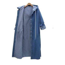 Women's Trench Coats Spring 2021 Fashion Long Sleeve Hooded Collar Denim Patchwork Single Breasted Casual Windbreaker Women W313 T220809