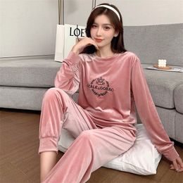 Round neck long-sleeved pajamas women's gold velvet thick trousers elastic waistband casual wearable home service suit pajamas 220321