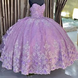 2022 Sexy Lavender Puffy Quinceanera Dresses Sweetheart Lace Appliques Crystal Beading Flowers Ball Gown Vestidos De Dress Guest Corset Back Tulle Tiered Ruffles