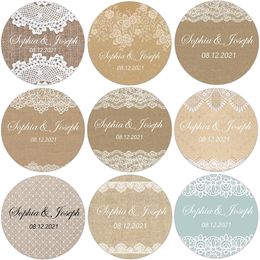 Lace Linen Style Paper Customise Wedding Stickers Labels Personalised Name Bridal Shower Baptism Party Decor 220613