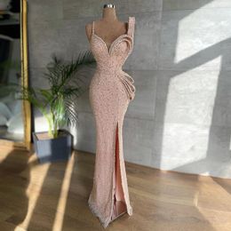 Mermaid Prom Dresses Princess Deep V Neck Appliques Sequins Beads Spaghetti Straps Satin Lace Sleeveless Side Slit Floor Length Party Gowns Plus Size Custom Made