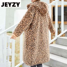 Long Oversized Leopard Hooded Faux Fur Coat Women Winter Thicken Warm Overcoat Luxury Street Fashion Rabbit Fur Jacket Outerwear T220810