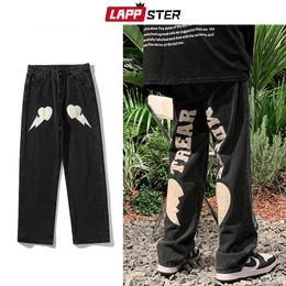 LAPPSTER Men Love Black Baggy Low Rise Jeans Pants Mens Autumn Graphic Wide Leg Denim Trousers Male Casual Streetwear Pants 220509