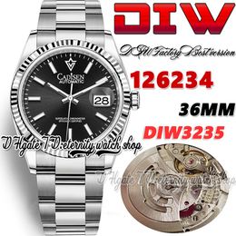 DIWF diw126234 SA3235 Automatic Mens Watch 36MM Fluted Bezel Black Dial Stick Markers 904L Oystersteel Bracelet With Same Serial Warranty Card eternity Watches