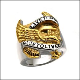 Band Rings Jewelry 316L Stainless Steel Men Biker Ride To Live Titanium Eagle Gothic Retro Gold For S Fashion Drop Delivery Wgxrt