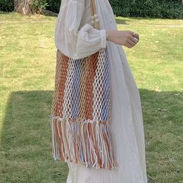 Summer Bohemian Fishnet Women Shoulder Bags Colourful Rope Tassel Woven Lady Handbags Handmade Hollow Beach Tote Purses