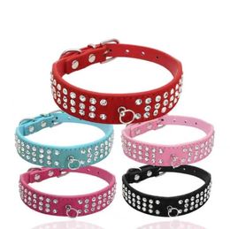 Personalised Length Suede Skin Jewelled Rhinestones Pet Dog Collars Three Rows Sparkly Crystal Diamonds Studded Puppy Dog Collar SN6658