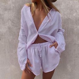 Women's Tracksuits Pcs Summer Shirt Shorts Set Solid Color Single-breasted Loose Type Long Sleeves Pockets Casual Women Thin TracksuitWomen'