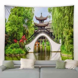 Tapestry Garden Chinese Style Retro Moon Door Decor Tapestry Spring Green Plant
