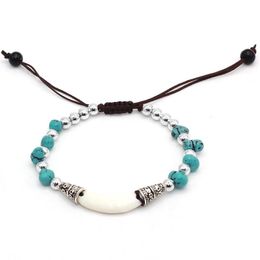 Charm Bracelets Adjustable Tooth Weave Bracelet Turquoises Stone Handmade Vintage Men Jewelry GiftCharm