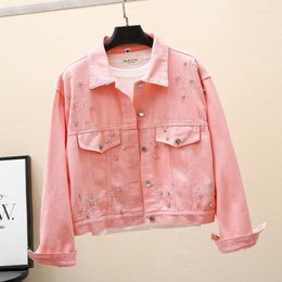 Damenjacken 2022 Frühling Herbst Koreanischer Stil Weiß Rosa Gelb Diamant Denim Jacke Frauen Oberbekleidung Lose Langarm Kurze Jeans Mantel
