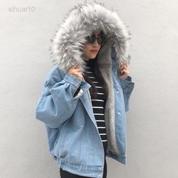 Qingwen Women Winter New Fashion Fur Collar Hoodie Padded Jacket Thickened Plus Fleece Denim Jacket Female Bomber Short Jacket L220725