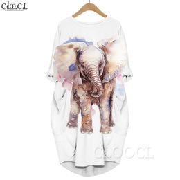 Women Cartoon Elephant 3D Printed Dress Long Sleeve Gown Pocket Round Neck Loose Dresses White Dresses Plus Size Dress 220616