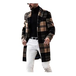 Mens Lattice Woollen Coat Designer Winter British Style Lapel Neck Long Sleeve Loose Trench Coats Fashion Trend Casual Solid Colour Outerwear