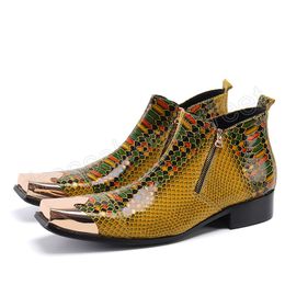 Fashion Snakeskin Pattern Men Party Genuine Leather Boots Metal Square Toe Zipper Cowboy Short Boot Men Shoes