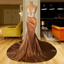 Modest Deep V Neck Evening Dresses Beaded Top Ruched Celebrity Gown Crystal Breast Robes De Soiree