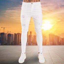 Jeans da uomo hip hop bianco moto magro skinny strappato colore puro pantaloni in denim elastico maschile casual vita jogging matita 220408