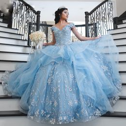 Sky Blue Quinceanera Prom Dresses Glitter Lace Appliques Sweet 15 Gowns Off the Shoulder Ball Gown Vestidos De 15 anos 2022
