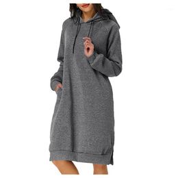 Empire Loose Knee-Length Dress Women Casual Solid Long Sleeve Hooded Pocket Sweatshirt Hem Split Nov20 Dresses
