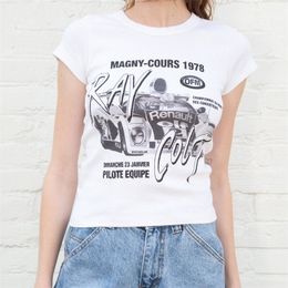 Vintage Sexy Slim Crop Top Women Letter Print Pattern Cotton Short Sleeve Tee Shirt Summer Casual Streetwear T 220402