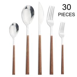 Imitation Wood Handle Cutlery Set Western Stainless Steel Tableware Set 6/12/20/24/30Pcs Kitchen Knife Fork Spoon Dinnerware Set 220623