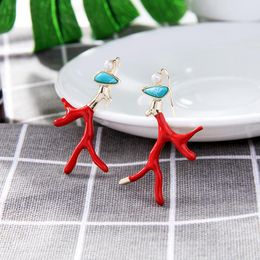 Dangle & Chandelier Red Enamel Coral Earrings For Women Gifts Resin Gold Colour Drop Acrylic Pearl Fashion Jewellery DropDangle