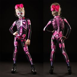 Adult Kids Halloween Skeleton Cosplay Jumpsuit Pink Rose Woman Sexy Skull Scary Costume Girls 3D Print Bodysuit Mother Daughter 220817