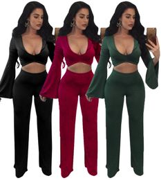 Women's Jumpsuits & Rompers Plus Size Enteritos Mujer 3XL Sexy Flare Full Sleeve Crop Tops With Wide Leg Pant Women Hollow Out 2 Piece Set J