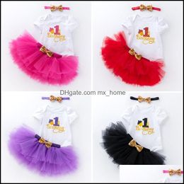 Clothing Sets Baby Kids Baby Maternity Girls Sequins Bow Headband Letter Romper Tutu Lace Skirts Dho9V