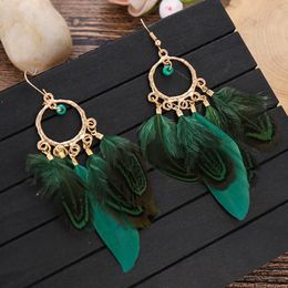 Dangle & Chandelier Fashion Bohemian Earrings For Women 2022 Simple Round Green Beed Tassel Feather EarringsDangle