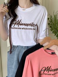 Jielur Basic Letter Embroidery Tops Shortsleeved Womens Tshirts Summer Korean Style White Black Pink T shirt MXL 220615
