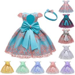 Girl's Dresses Children Girls Pleated Princess Dress Lace Bow Mesh Cotton Evening Birthday Party Clothes Free Headband