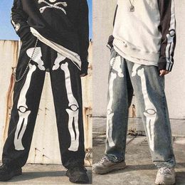 Men Skeleton Printed Jeans Pants Mens High Street Wide Legs Straight Loose Hip Hop Harem Jeans Young Casual Denim Pants Overalls G220415