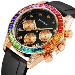 Wristwatches H Full Diamond Side Bezel Hip Hop Colourful Chronograph Silicone Watches Man Clock Male Wristwatch Luxury Men Quartz WatcWristwa