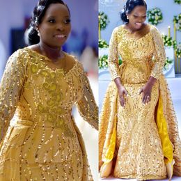 2022 Plus Size Arabic Aso Ebi Gold Mermaid Sparkly Prom Dresses Lace Beaded Evening Formal Party Second Reception Birthday Engagment Gowns Dress ZJ705