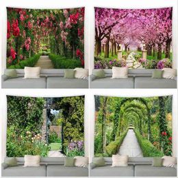 Tapestry Spring Forest Flowers Carpet Rural Pink Red Garden Wall Hanging Decor