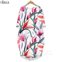 Women Dress Pink Tulips 3D Graphic Loose Daughter Dresses Printed Long Sleeve Casual Gown Pocket Dress Elegant Style 220616