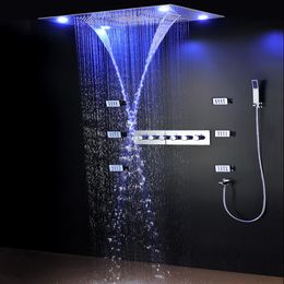 chrome settings UK - Bathroom Luxury Large Rain Shower Set Led ShowerHead Waterfall Rainfall Shower Kit Thermostatic Faucets With Massage Body Jets281n