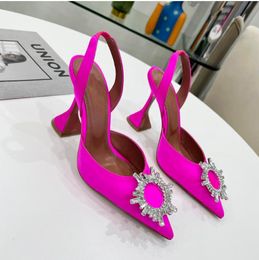 Sandals Luxury Designer sandals Satin high heeled shoes Amina muaddi bow CrystalEmbellished buckle pointed toe sunflower PCV sandal 10cm Dinner dress s J230525