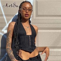 Artsu Sexy Black White Backless Halter Crop Top Women Summer Deep V Sleeveless Tanks Camis Lace Up Camisole ASNVE83440 220318