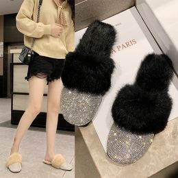 Round Toe Designer Hair Shoe Luxury Fur Crystal Slippers Diamond Mules Slip On Half Slippers Flats Shoes Y200106