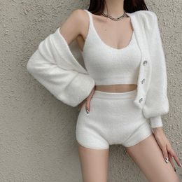 Women's Tracksuits Women's Sweet Faux Mink Three Pieces Knitting Suits Spring Autumn Cute Soft Long Sleeve Cardigan Outwear Camisole Sho