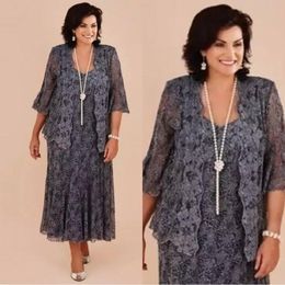 Elegant A Line Grey Lace Mother Of The Bride Dresses Suits With Long Jacket Sleeve 2 Pieces Tea Length Wedding Guest Dress Godmother Celebrity Evening Formal Wear