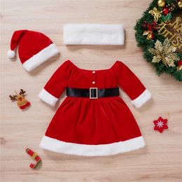 Mababy 6m-4Y Baby Kid Girls Christmas Dress Flannel Long Sleeve Tutu Hat with BallScarf Xmas Outfits DD43 211018