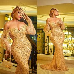 Dubai Luxury Mermaid Evening Dress Beading Pearls Women's Prom Dresses Crystal Arabia Aso Ebi Vestido de novia