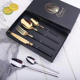 Dinnerware Sets 4pcs Gold Set 18/10 Stainless Steel Tableware Knife Fork Spoon Flatware Dishwasher Safe Cutlery Gift BoxDinnerware