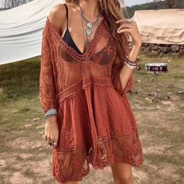 Swimsuits Woman 2022 Sexy Beach Cover Up V-neck Women Beach Tunic Dress Sarong Bikini Cover Up Crochet Top For Women Beachwear